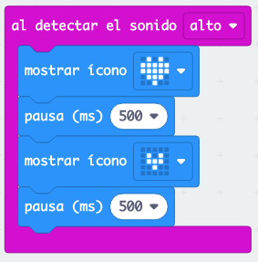 Al detectar sonido alto: mostrar icono corazón expandido, pausa de 500 ms, mostrar icono corazón contraido, pausa de 500 ms