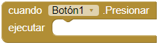 La imagen muestra un bloque de App Inventor que permite ejecutar una serie de instrucciones cuando se hace clic sobre un botón.