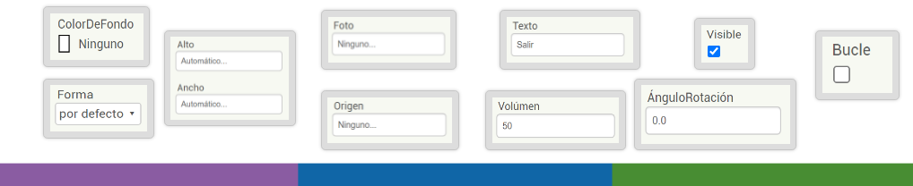 La imagen muestra un conjunto de componentes y de propiedades básicos para el diseño de una interfaz gráfica en de App Inventor