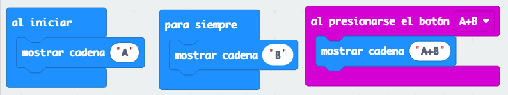 al iniciar: mostrar cadena A/ para siempre: mostrar cadena “B”/ al presionar A+B: mostrar cadena “A+B”