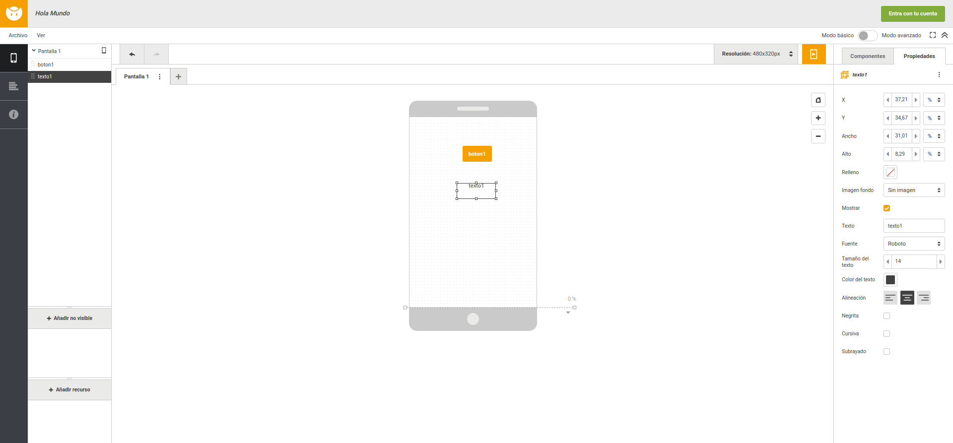 La imagen muestra el aspecto de la interfaz de usuario que muestra App Inventor en la opción de diseñador