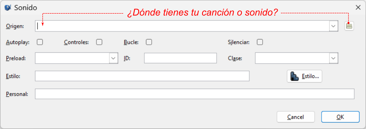 Imagen que muestra la ventana emergente de la opción Sonido…