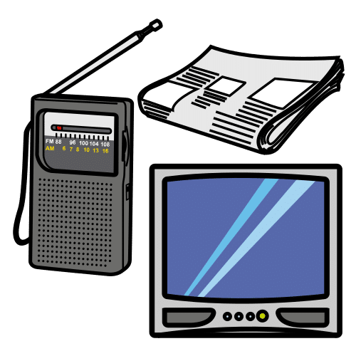 Imagen que muestra diferentes medios de comunicación. Por ejemplo, una radio, un periódico y la televisión.