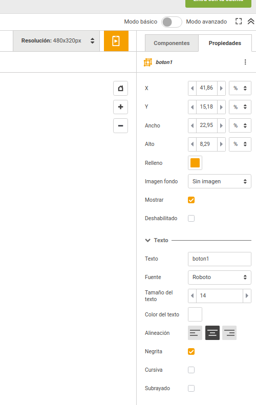 La imagen muestra el apartado de componentes con una disposición horizontal seleccionada y al lado derecho la lista de propiedades configurable que le corresponde