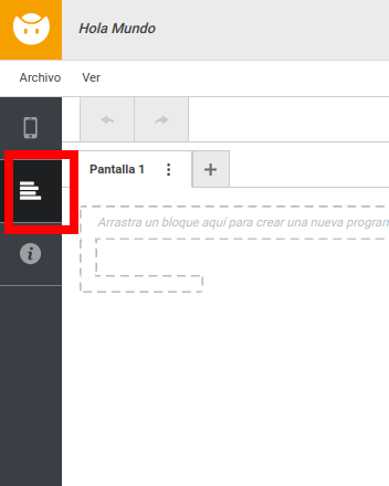 La imagen muestra la esquina superior izquierda de la interfaz de Bitbloq Apps con el botón de bloques remarcado por un rectángulo rojo para destacar su situación