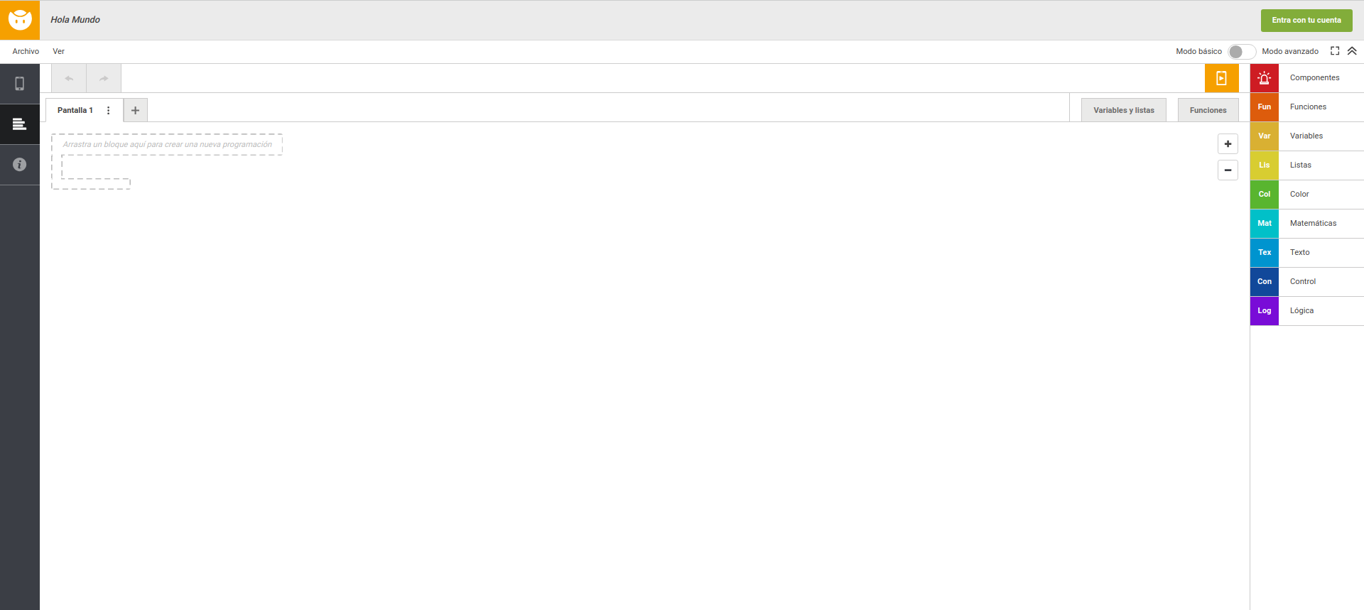 La imagen muestra la interfaz de bloques de Bitbloq Apps al completo