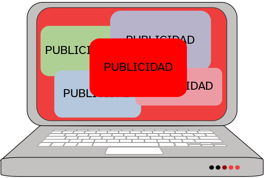 La imagen muestra un portátil con muchos rectángulos con la palabra publicidad en su interior superpuestos en su pantalla