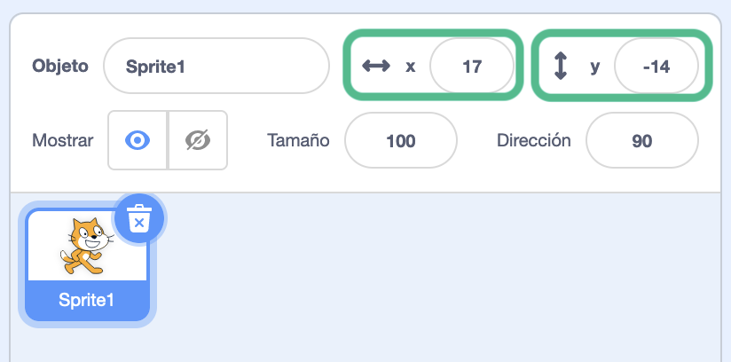 Imagen de los valores de las coordenadas de Scratch