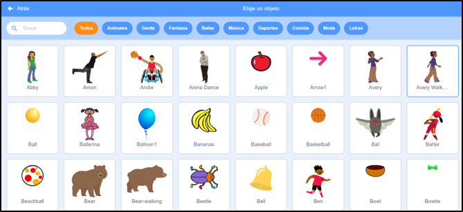 Galería de objetos de Scratch.