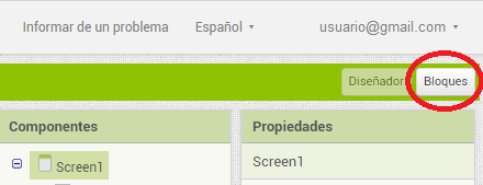 La imagen muestra la esquina superior derecha de la interfaz del diseñador de App Inventor con el botón de bloques remarcado por un óvalo rojo para destacar su situación