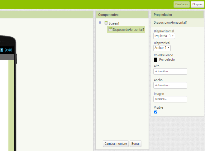 La imagen muestra el apartado de componentes con una disposición horizontal seleccionada y al lado derecho la lista de propiedades configurable que le corresponde