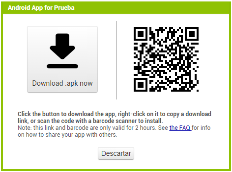 La imagen muestra la ventana que permite descargar el archivo .apk o utilizar un código QR para instalar la app creada con App Inventor