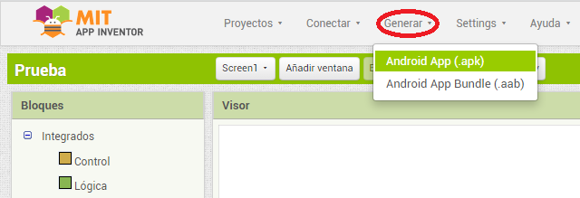 La imagen muestra la captura del pantalla de la opción Android app (.apk) desplegada desde el apartado generar del menú de App Inventor